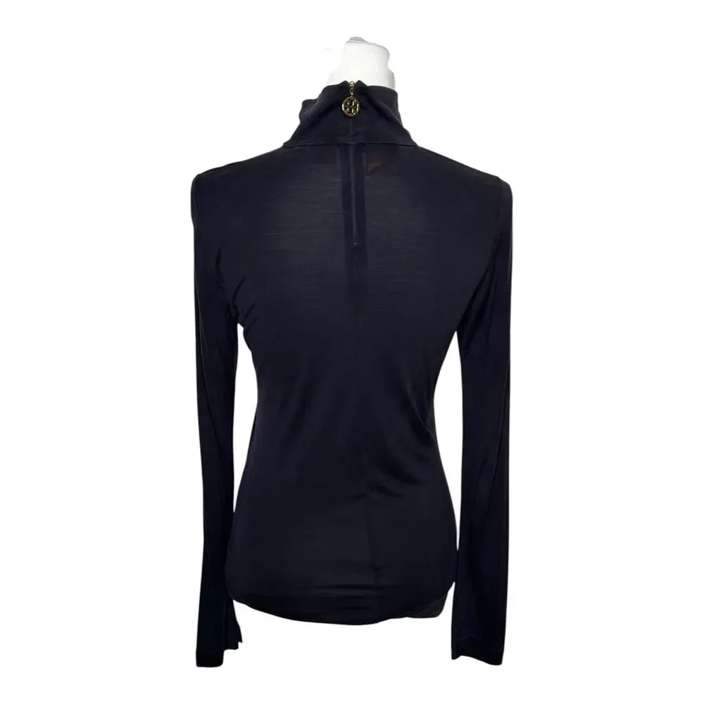 Tory Burch Navy Silk Zipper Mock Neck Long Sleeve Top M